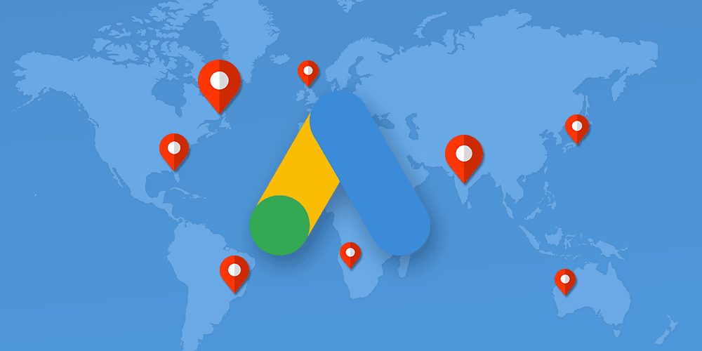 An image about geotargeting, showing a world map with pin points and the Google Ads logo