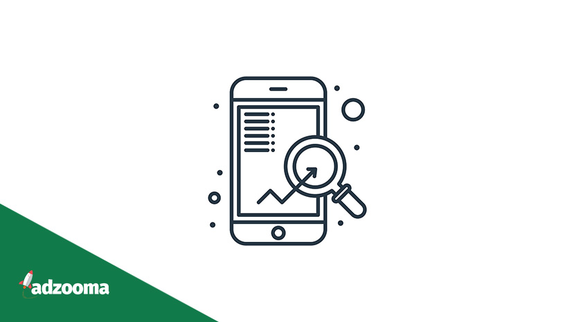 An illustration of a phone with a magnifying glass "searching" for content to represent SEO