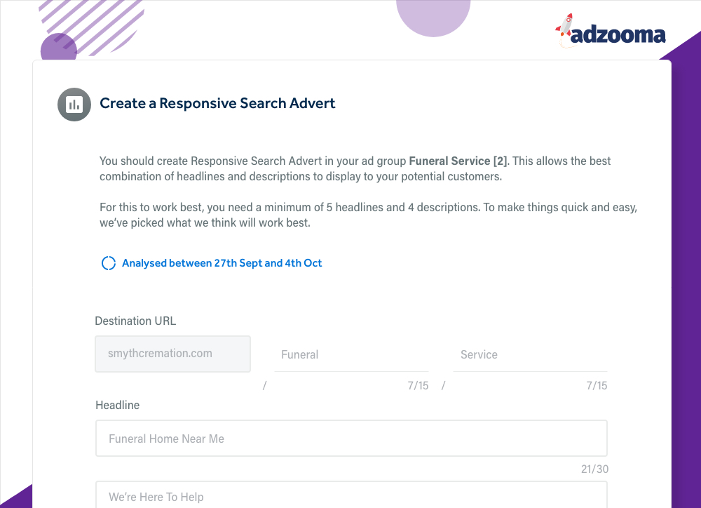Adzooma's Create a Responsive Search Advert screen