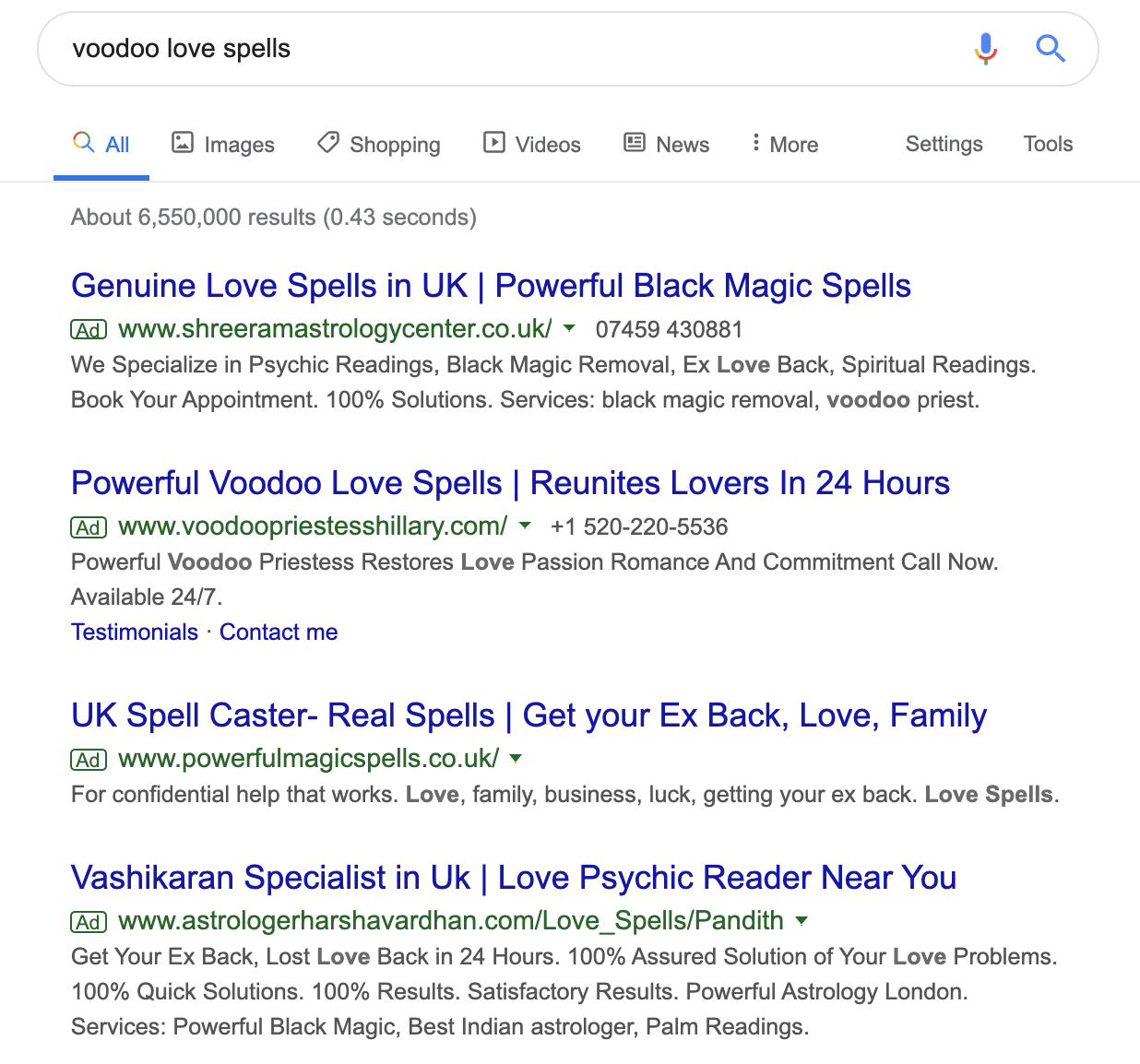 Voodoo Love Spells on Google Ads