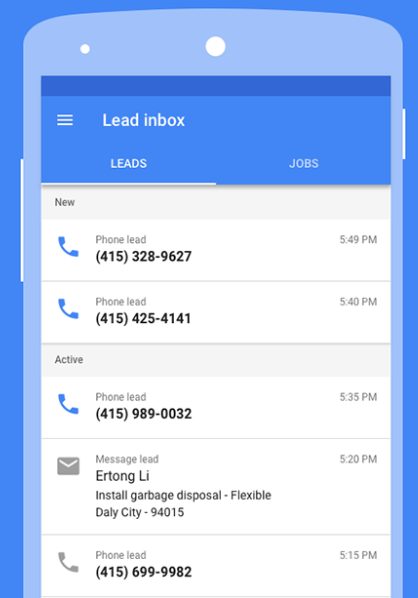 Example of lead inbox in Google’s LSA app