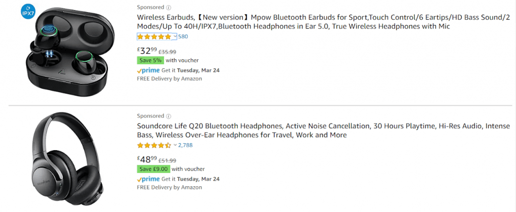 Headphones listing on Amazon