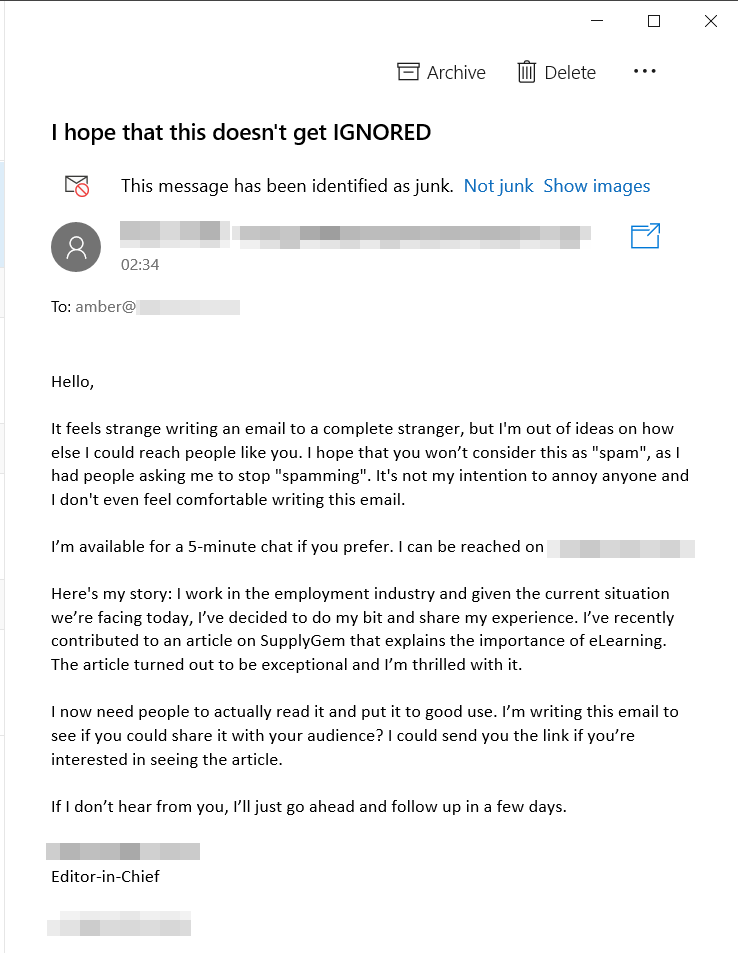 A desperate outreach email