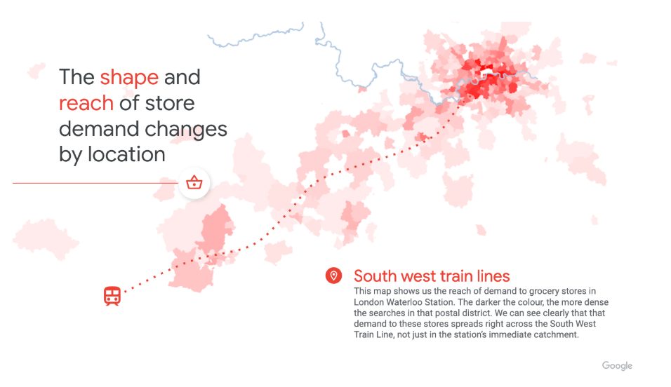 A Google infographic that says "The shape and reach of store demand changes by location"